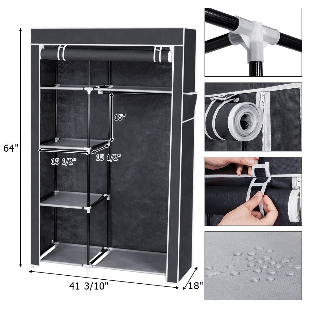 64" Portable Closet Storage Organizer Wardrobe Clothes Rack with Shelves Gray image 16