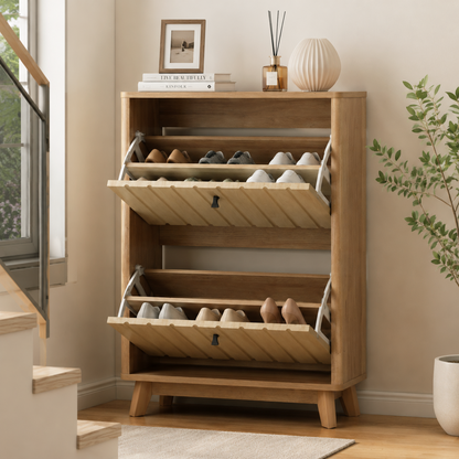 23.6-inch entryway shoe cabinet, ultra-thin flip-down large-capacity dustproof shoe rack for home use, medieval-modern freestanding shoe cabinet, oak color. image 3