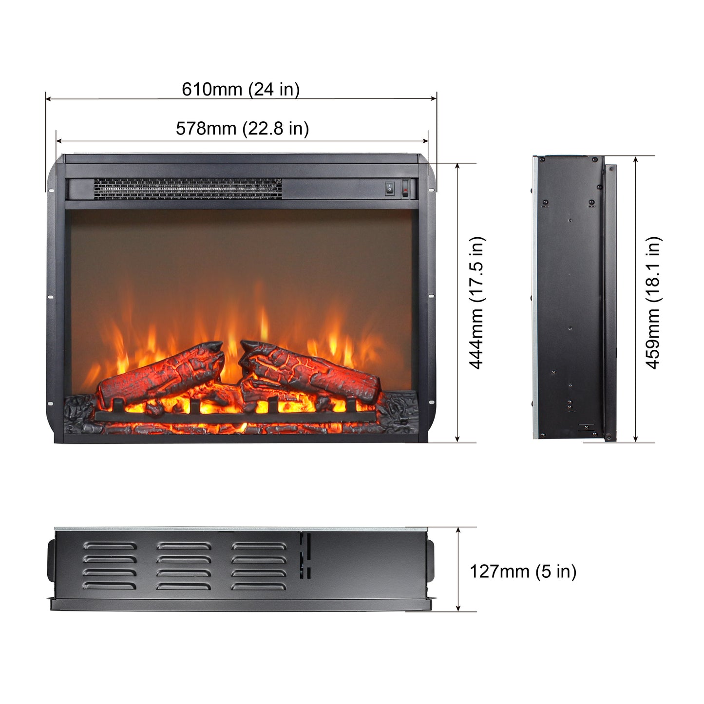 23 inch electric fireplace insert heater with log set & realistic flame, overheating protection without control image 3