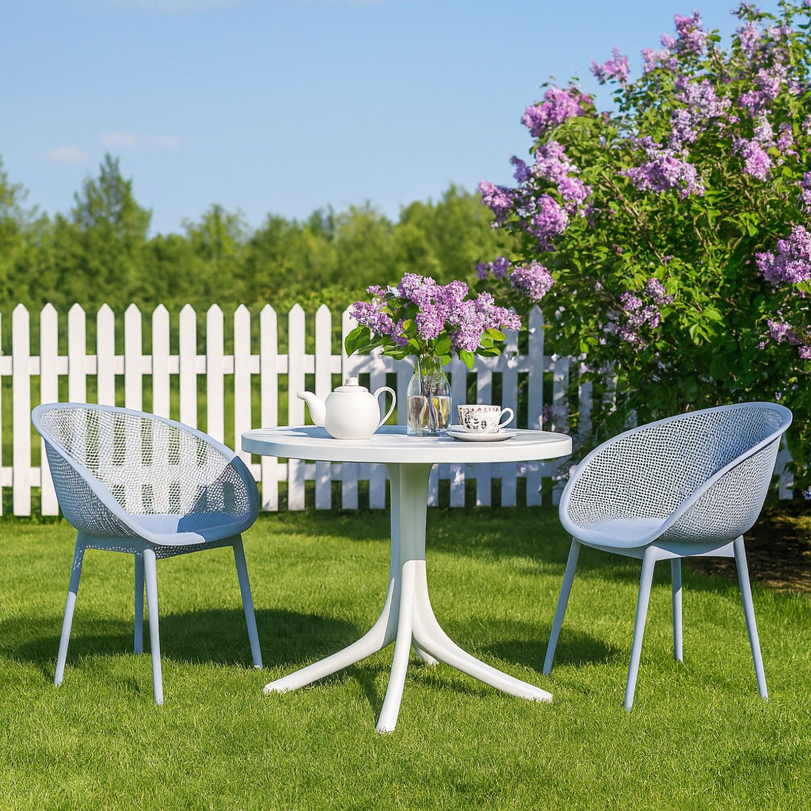Summer - 2-Pack Light Blue Modern Lounge Chairs – Indoor/Outdoor All-Weather PP Plastic with 36 Inch Indoor/Outdoor Modern White Round PP Table image 5