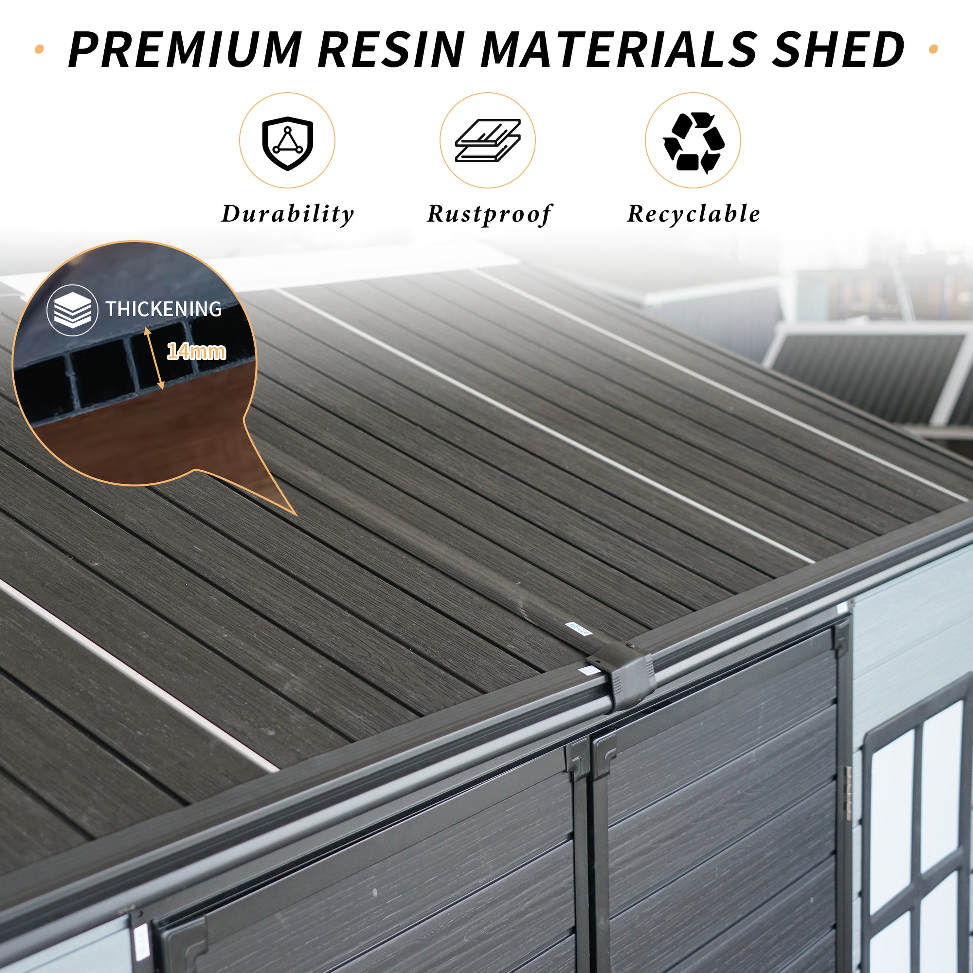 8x4ft Outdoor Resin Garden Shed with Floor and 2 Windows, Plastic Patio Outdoor Storage Shed with Lockable Door for Garden Tools, Bicycles, Trash Cans, Gray+Black image 5