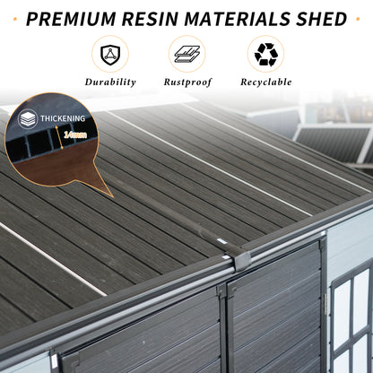 8x4ft Outdoor Resin Garden Shed with Floor and 2 Windows, Plastic Patio Outdoor Storage Shed with Lockable Door for Garden Tools, Bicycles, Trash Cans, Gray+Black image 5