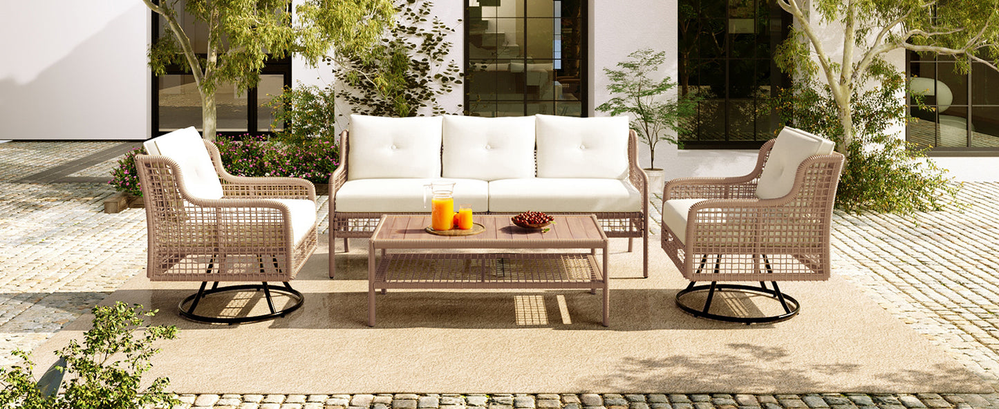 <Old SKU: N704G201247A> 4 Pieces Patio Furniture Set with Swivel Chairs, Outdoor Wicker Sofas for 5-person, Sectional Rattan Outdoor Conversation Set for Poolside Backyard Deck, Beige image 9