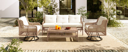 <Old SKU: N704G201247A> 4 Pieces Patio Furniture Set with Swivel Chairs, Outdoor Wicker Sofas for 5-person, Sectional Rattan Outdoor Conversation Set for Poolside Backyard Deck, Beige image 9