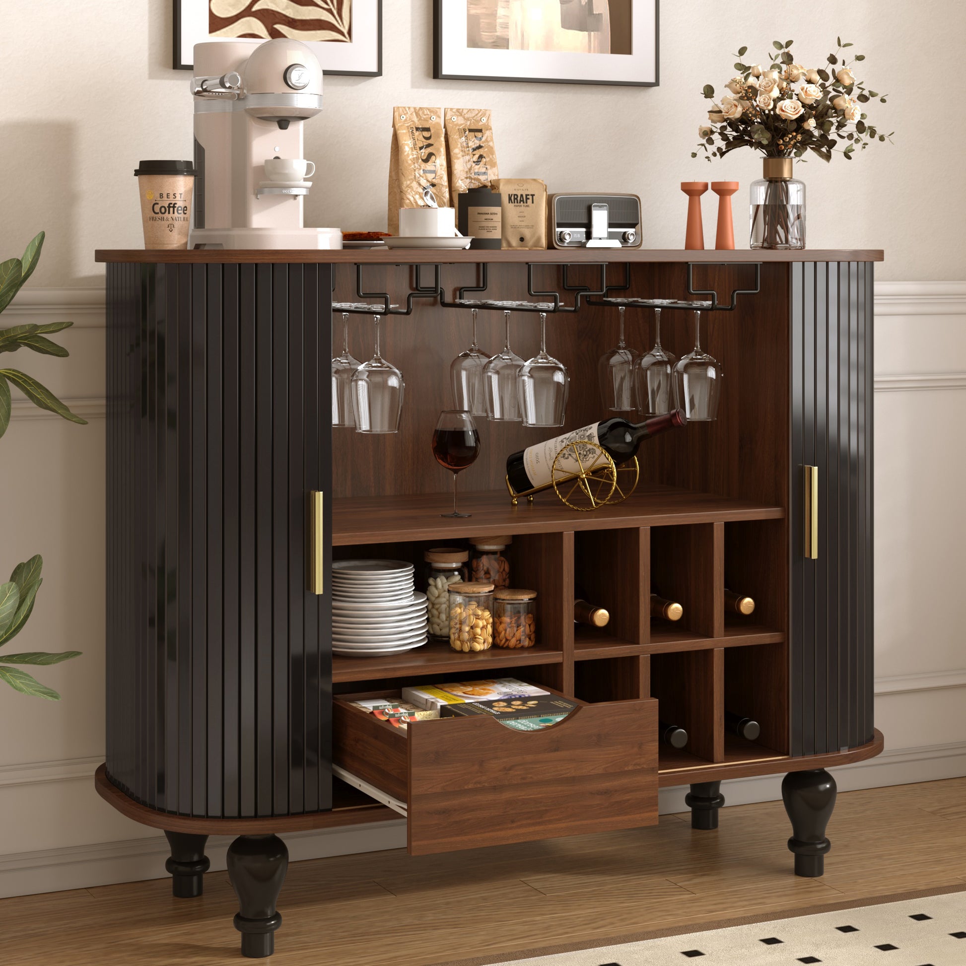 39" Fluted Liquor & Coffee Bar Cabinet with 6 Wine Racks and 3 Glass Holders, Mid-Century Modern Bar Cabinet with A Large Storage Drawer,4 Hidden Storage Space on the Side, Black image 1