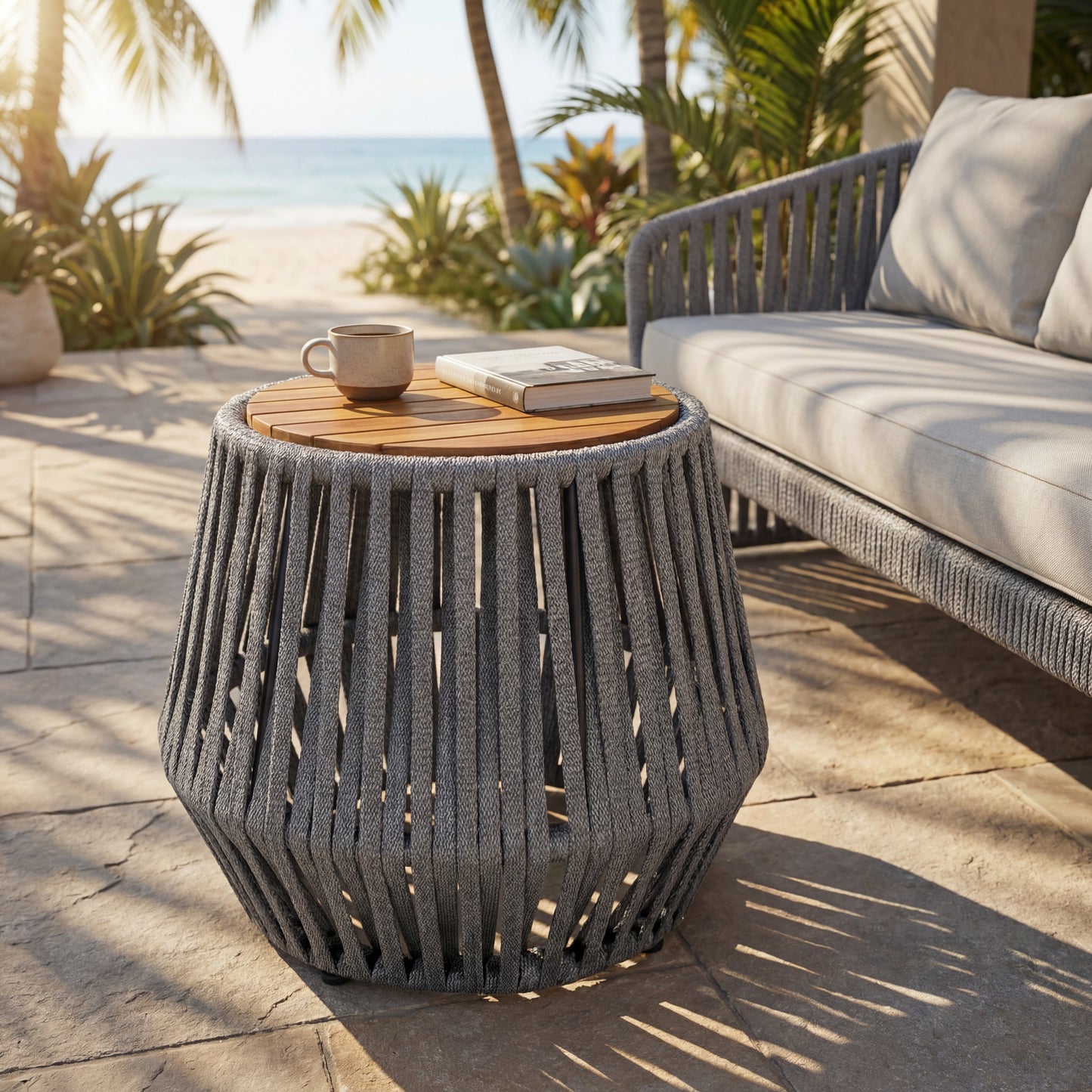 Outdoor Side Table with Rope and Acacia Wood - Teak Finish, 100 LBS Capacity, Weather-Resistant, Grey Rope Design image 1