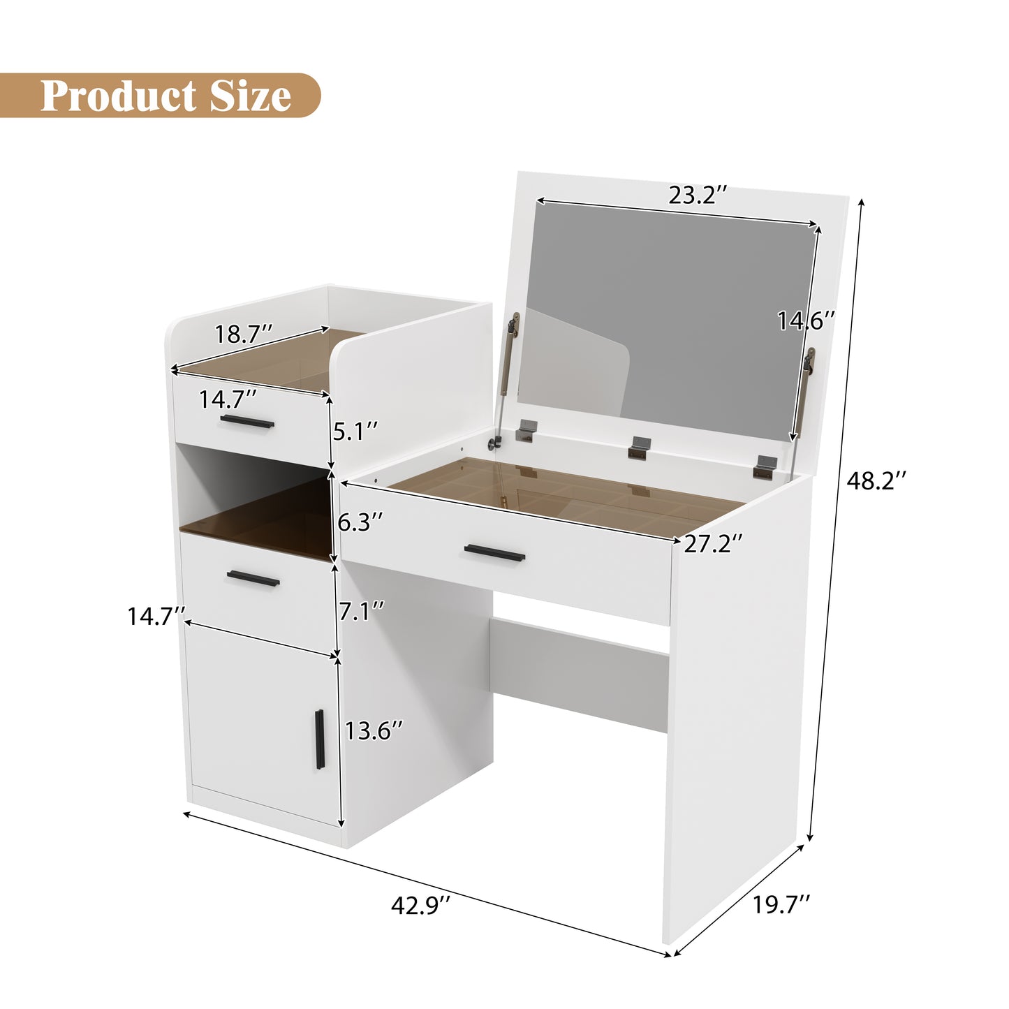 3-in-1 Vanity Desk with Flip Top Mirror, Glass Top Compact Makeup Vanity & Hidden Storage, Vanity Table with 3 Drawers and Cabinet, Space-Saving Dressing Tablefor Bedroom, White image 6