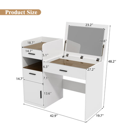 3-in-1 Vanity Desk with Flip Top Mirror, Glass Top Compact Makeup Vanity & Hidden Storage, Vanity Table with 3 Drawers and Cabinet, Space-Saving Dressing Tablefor Bedroom, White image 6