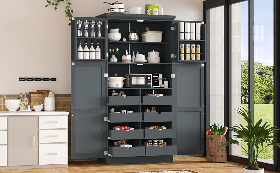 [Assembly Video Provided] TOPMAX 35.5x17.6x70.9inch Freestanding Kitchen Pantry Cabinet, Tall Storage Cabinet with 4 Doors, 2 Door Shelves, 8 Pull-out Trays and Adjustable Shelf for Dining Room, Gray image 2