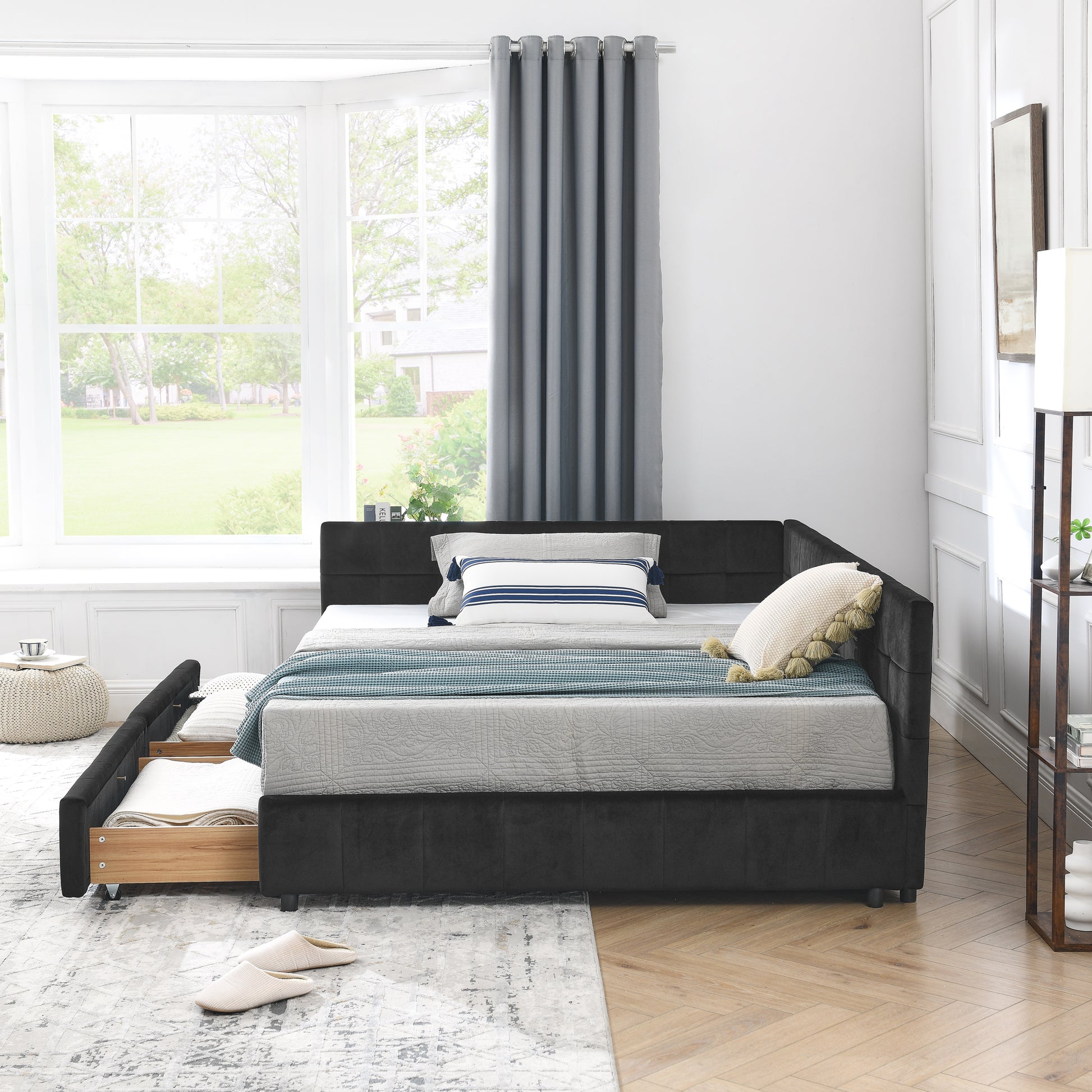 Full Size Storage Upholstered Tufted Bed Frame, Sofa Bed Frame with Comfortable Backrest and Armrests, Full Size Bed for Bedroom, Living Room,Velvet, BLACK(80.5''*59''*29.5'') image 3