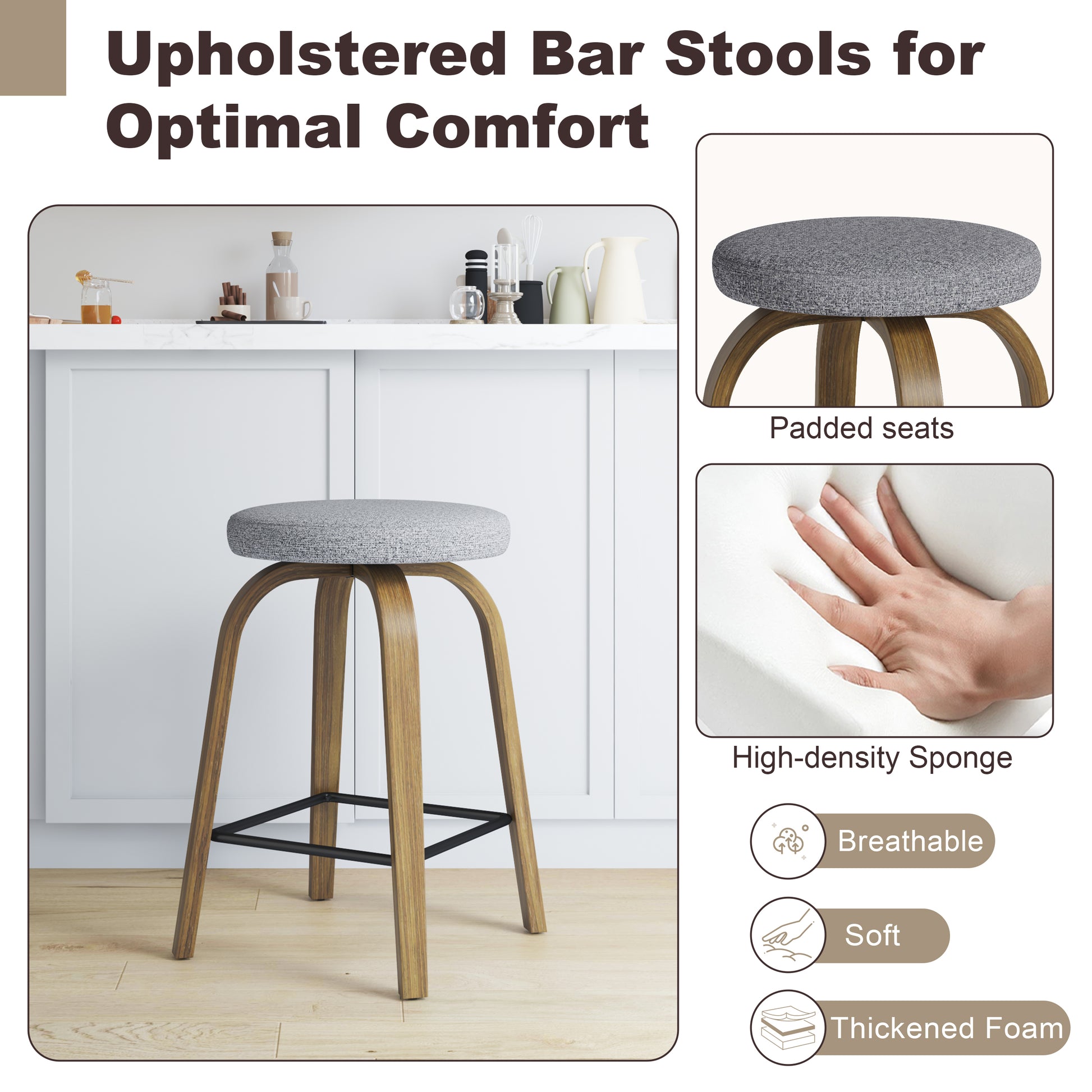 Swivel Bar Stools Set of 2, Counter Height Backless 26″ Bar Stool, Fabric Upholstered Seat, Sturdy Wood Legs and Metal Footrest, Mid-Century Modern Island Stools for Home Bars, Restaurants, Gray image 12