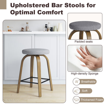 Swivel Bar Stools Set of 2, Counter Height Backless 26″ Bar Stool, Fabric Upholstered Seat, Sturdy Wood Legs and Metal Footrest, Mid-Century Modern Island Stools for Home Bars, Restaurants, Gray image 12