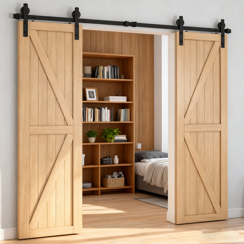 12FT Wood Double Sliding Barn Door Hardware Basic Black Big Spoke Wheel Roller Kit, 5-18FT for Choose image 10