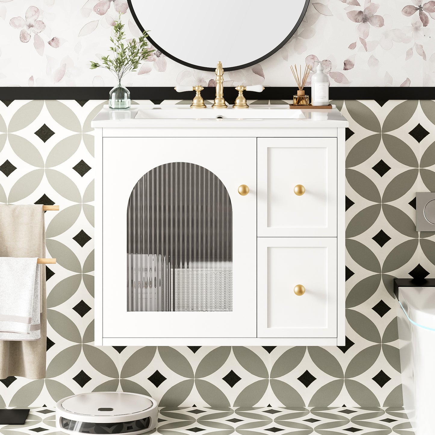 24" Bathroom Vanity Set Wall Mounted for Small Space, Bathroom Cabinet with Ceramic Sink, 2 Drawers and 1 Soft-Close Door image 3