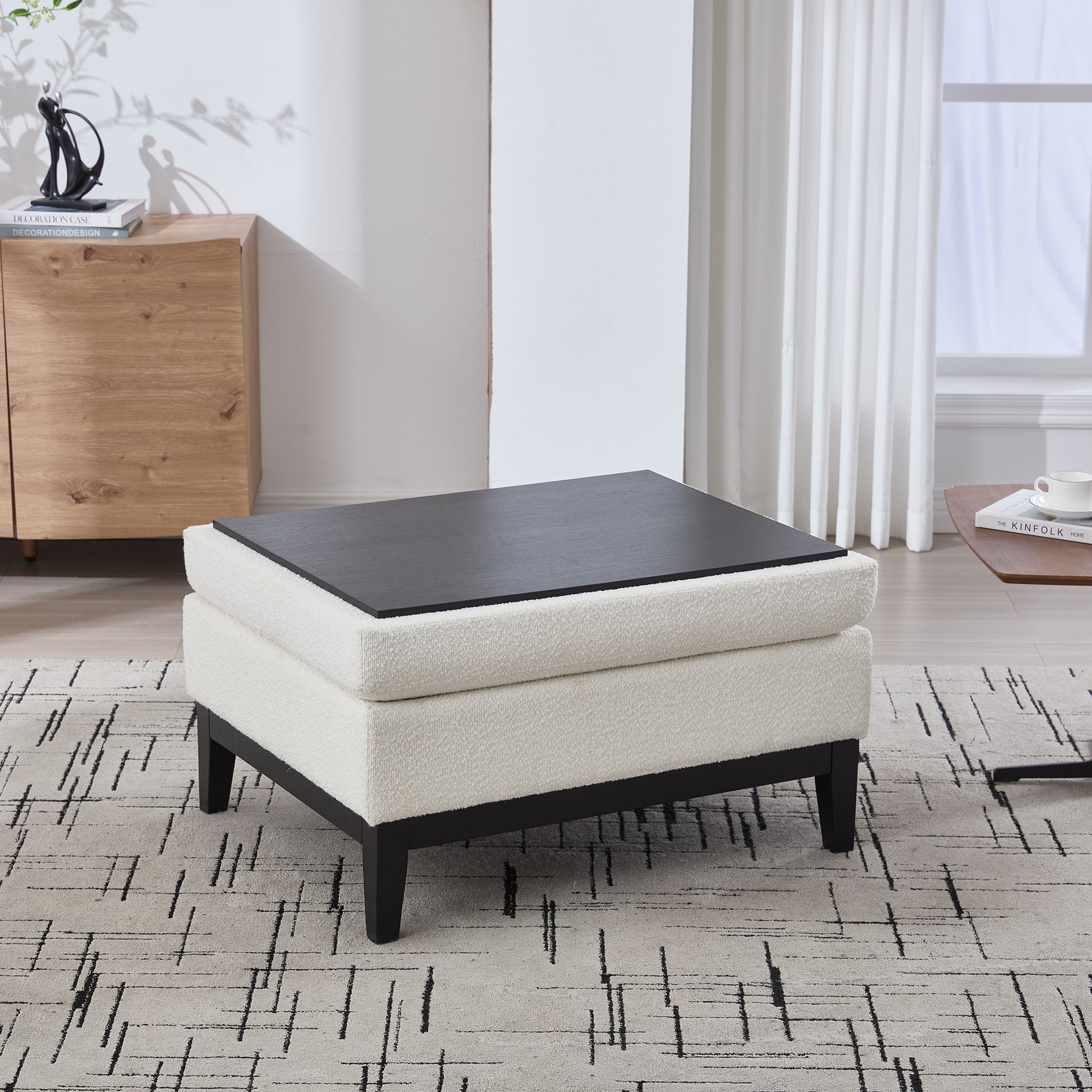 33.86"W Upholstered Wood Base Storage Ottoman With Reversible Lid Coffee Table, Foot Stool Square Footrest with Rubberwood Legs for Living Room Bedroom Entryway and Office, Ivory Boucle. image 6