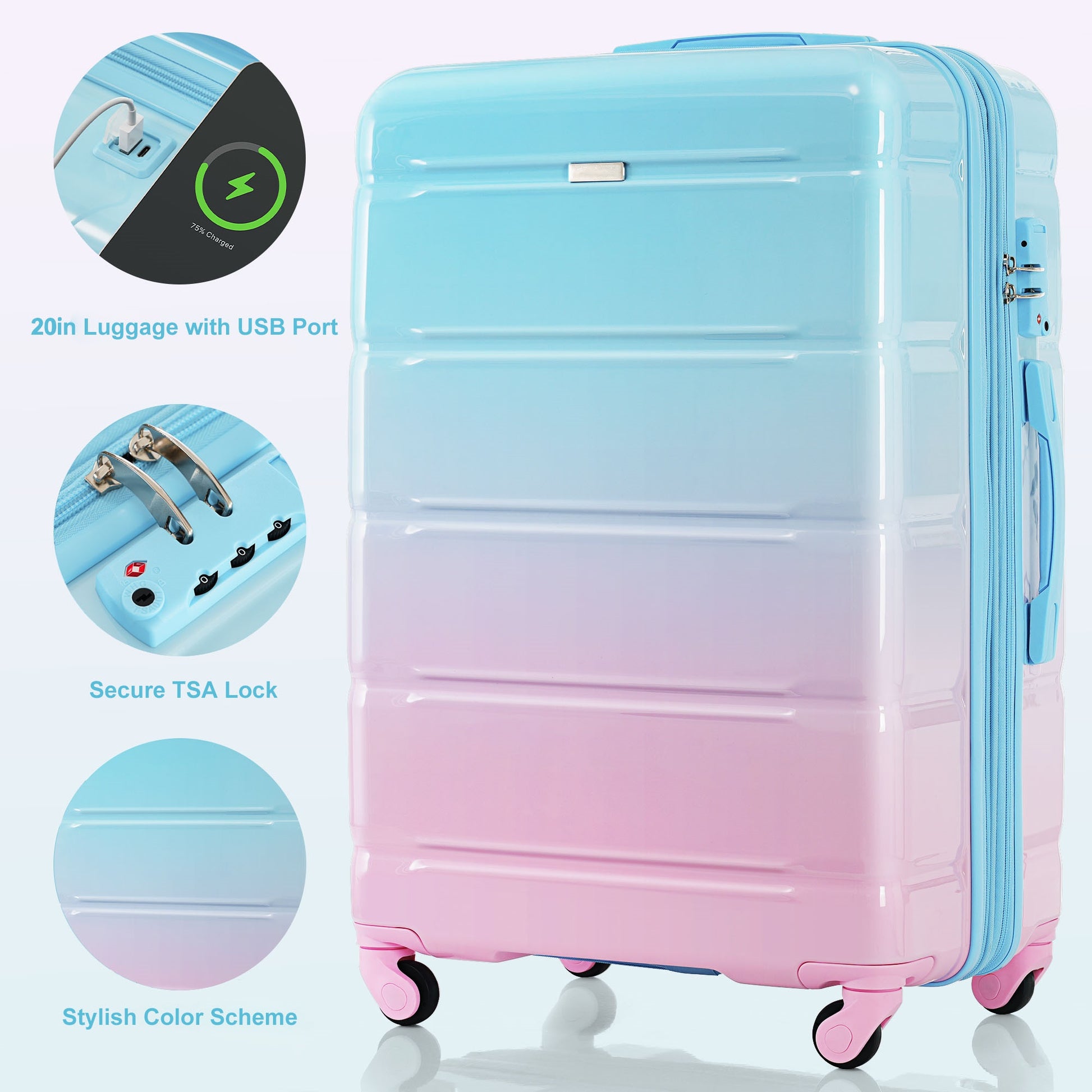 Luggage Set of 3, 20-inch with USB Port, Airline Certified Carry-on Luggage, ABS+PC Hard Shell Luggage with Spinner Wheels, light blue and pink image 2