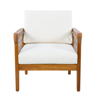 4-Piece Acacia Wood Outdoor Patio Furniture Set, All-Weather Conversation Sofa Set with Rope Woven Armrests, Removable Cushions for Backyard Garden,Teak finish+Oatmeal rope+Cream Beige cushion image 7