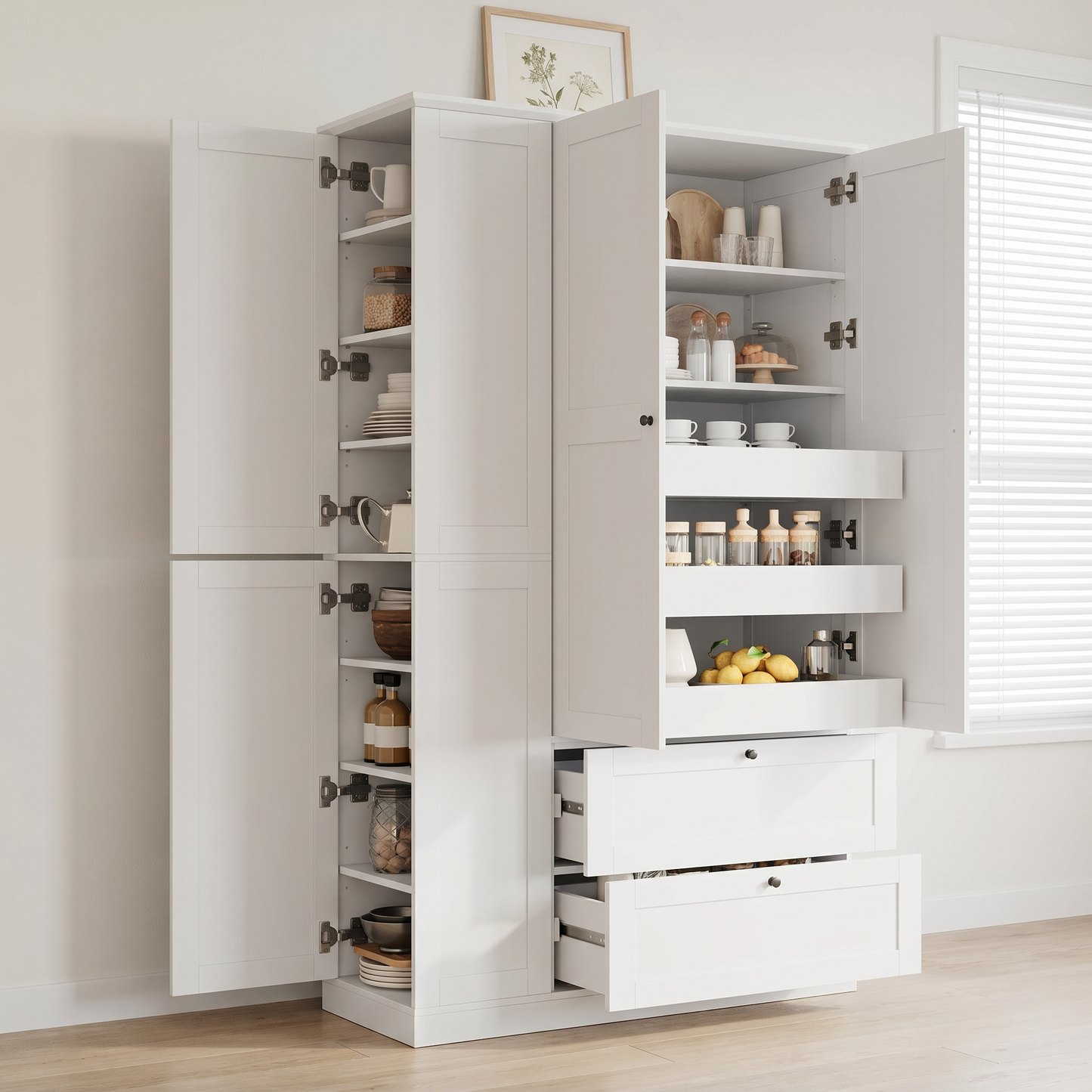 TOPMAX 73.6" Tall Farmhouse Kitchen Pantry Cabinet with 8 Shelves, 2 Drawers, 3 Pull-Out Trays, 4 Doors and Side Cabinets for Kitchen & Dining Room, White image 1