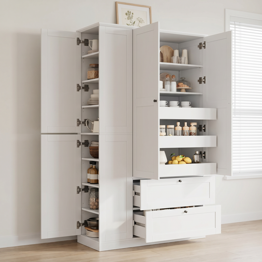 TOPMAX 73.6" Tall Farmhouse Kitchen Pantry Cabinet with 8 Shelves, 2 Drawers, 3 Pull-Out Trays, 4 Doors and Side Cabinets for Kitchen & Dining Room, White image 1