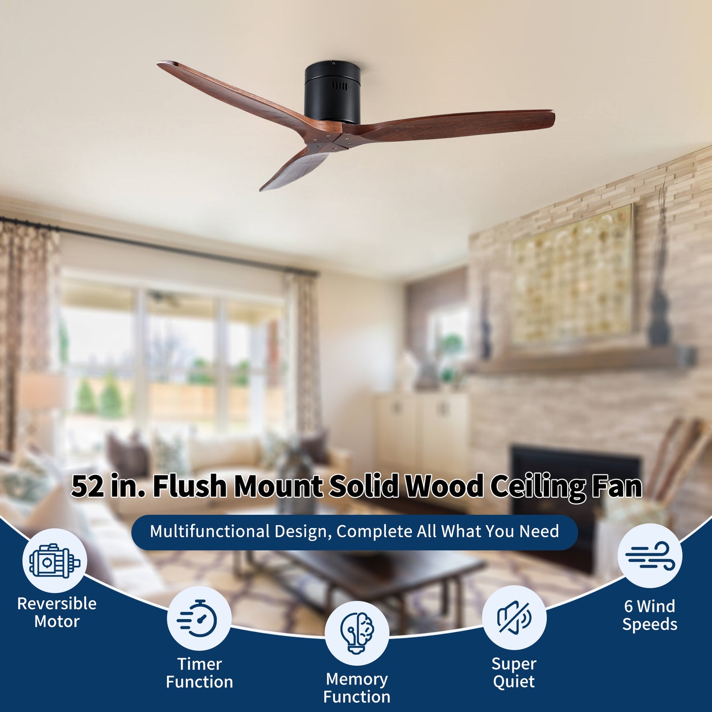 52 inch Indoor Farmhouse Rustic Ceiling Fan Matte Black with 3 Solid Wood Blade Remote Control Reversible DC Motor image 12