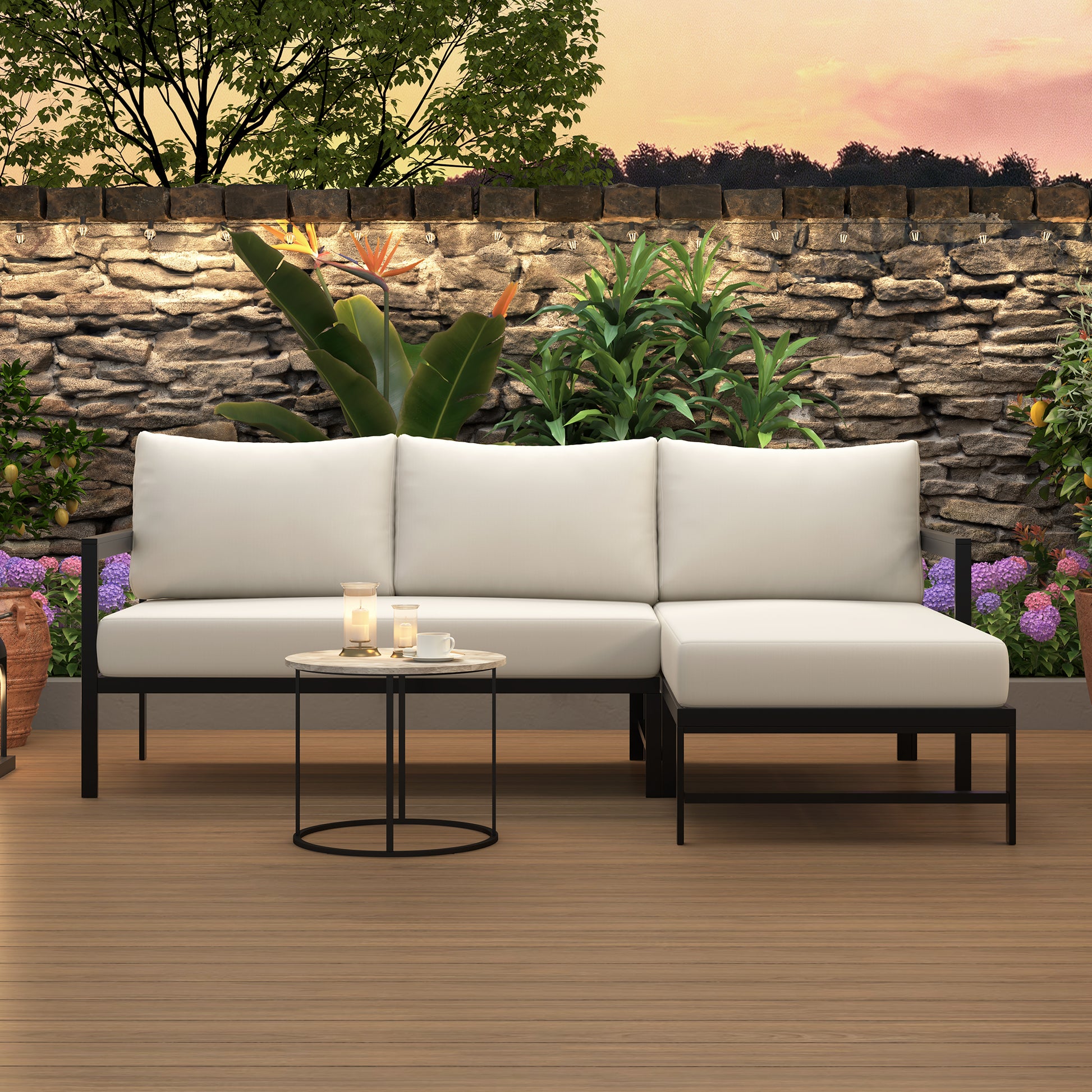 U_style Outdoor L-Shaped Sofa with Iron Frame,Weather-Resistant Patio Sofa Set with Ultra-Thick Cushions,Comfortable Seating for 3,Ideal for Patio, Balcony,and Garden image 2