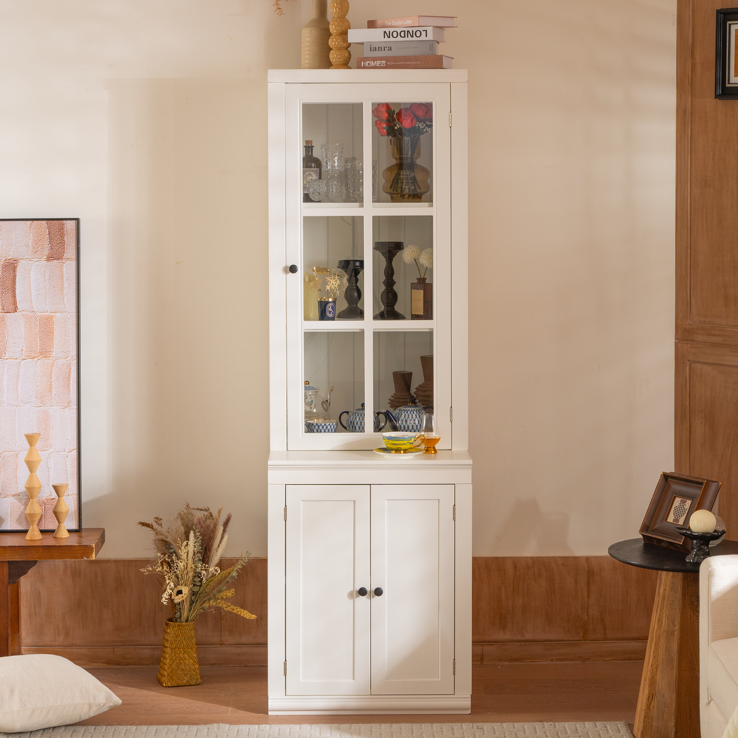 75.25'' Tall Freestanding Pantry Cabinet with Glass Door & Lattice Window, Farmhouse Display Cabinets with Storage, Hutch with Double-Action LH&RH Door, for Hallways, Livingroom Kitchen & Office,White image 9