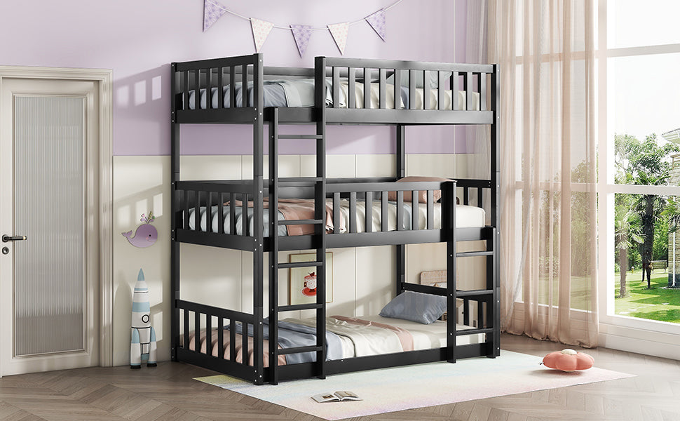 Twin Size Triple Rubber Wood Bunk Bed, with Ladders, Guardrails Detachable Bunk Bed, Twin over Twin over Twin,Black image 10