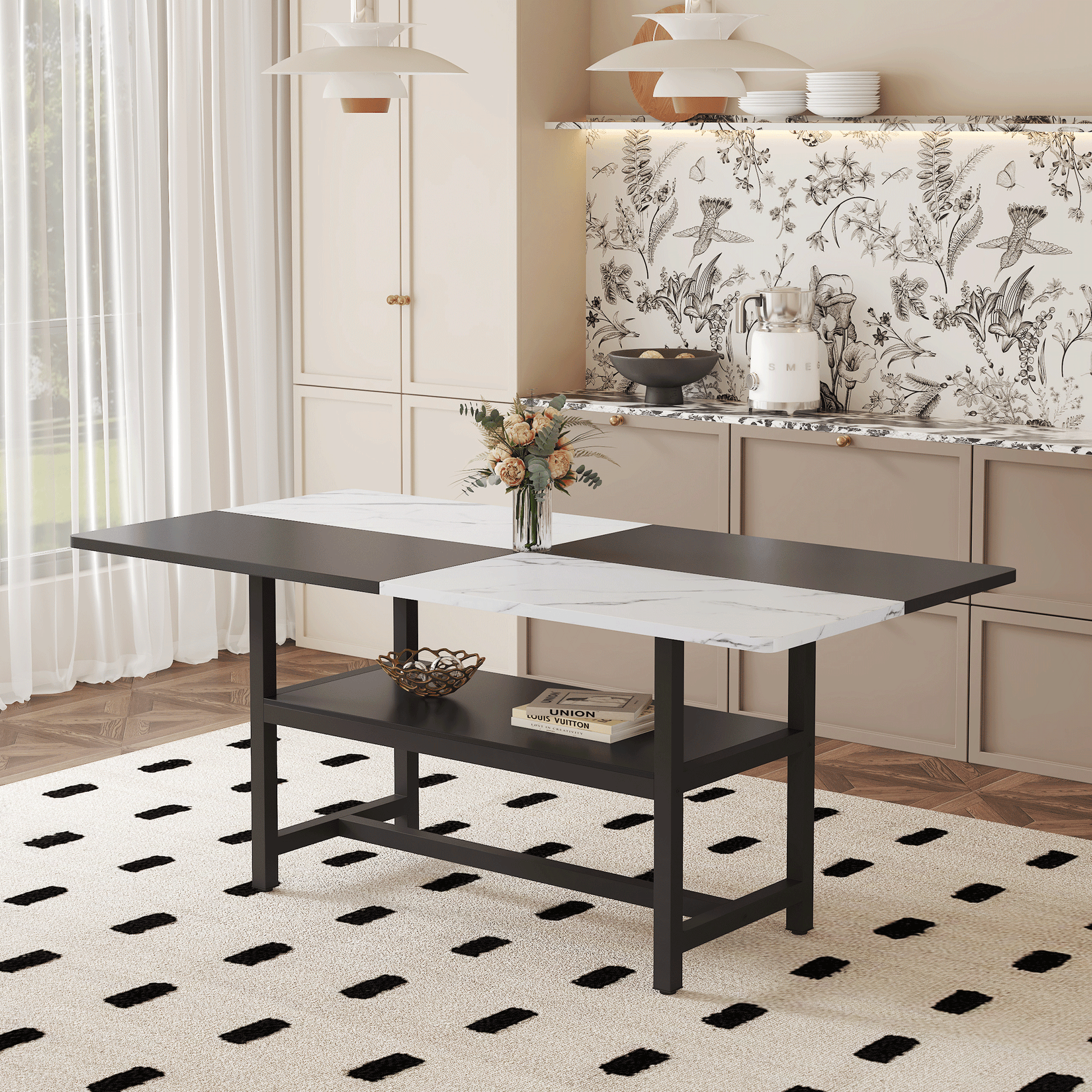 71 inch long two-color splicing fashionable dining table, a practical choice to add color to the home.Making it perfect for both family gatherings and friend parties.Black Sprayed Metal Table Legs. image 1