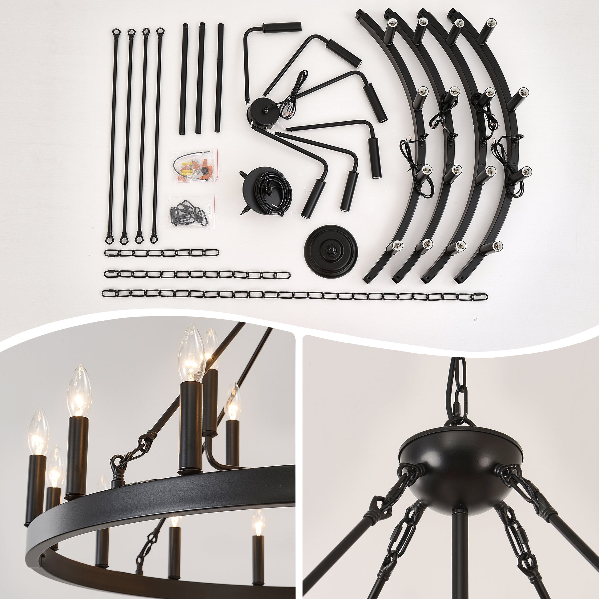 40'' 2 Tier Wagon Wheel Chandelier 16+6)22-Lights Farmhouse Industrial Country Style Round Pendant Light Fixture for Outdoor Porch high Ceilings Living Dining Room Foyer Entryway-BLACK image 8