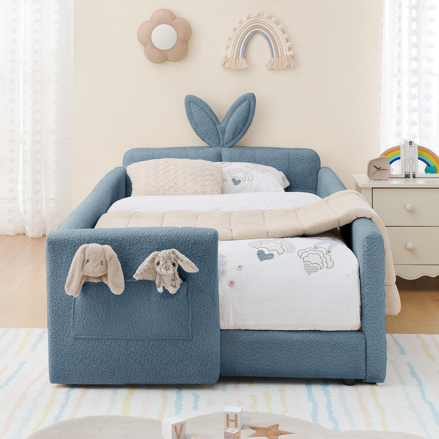 Twin Size Upholstered Platform Bed with Cute Rabbit Ear Shaped Headboard, with Safety Rail and Pocket, Boucle Fabric image 6