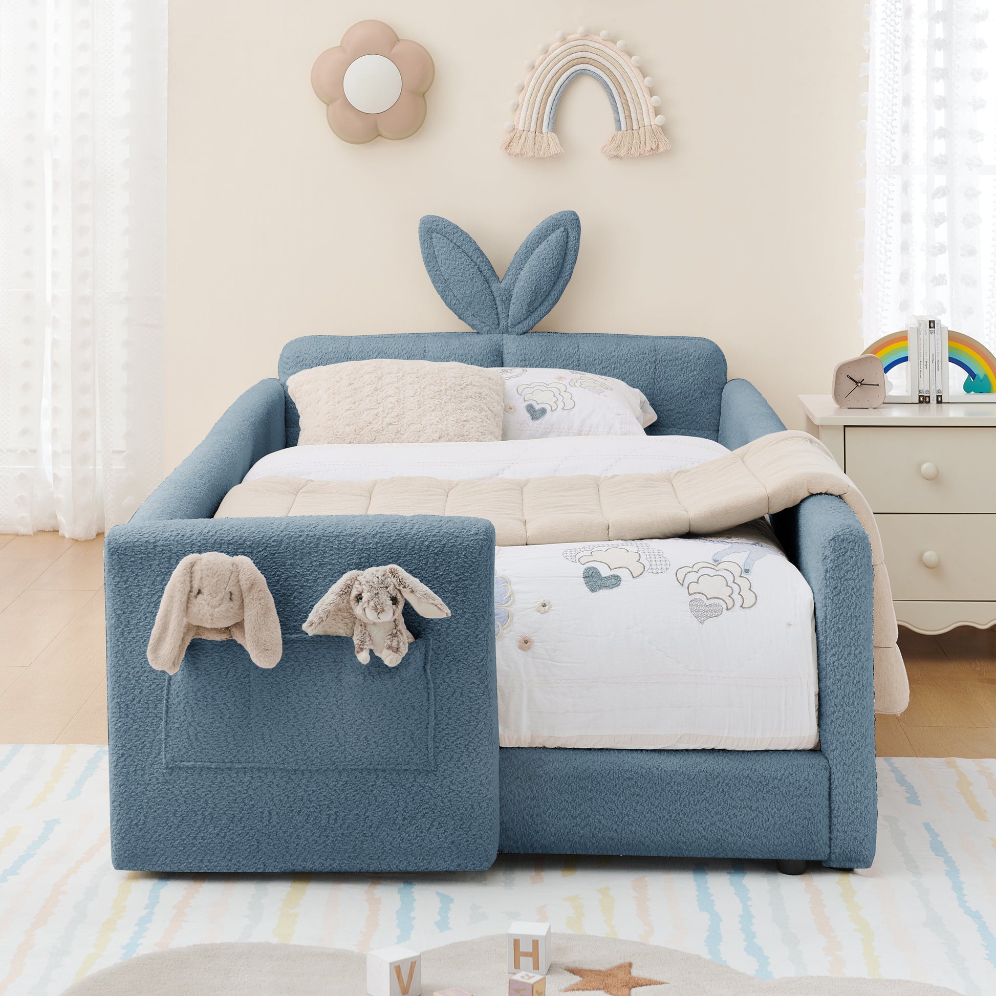 Twin Size Upholstered Platform Bed with Cute Rabbit Ear Shaped Headboard, with Safety Rail and Pocket, Boucle Fabric image 6