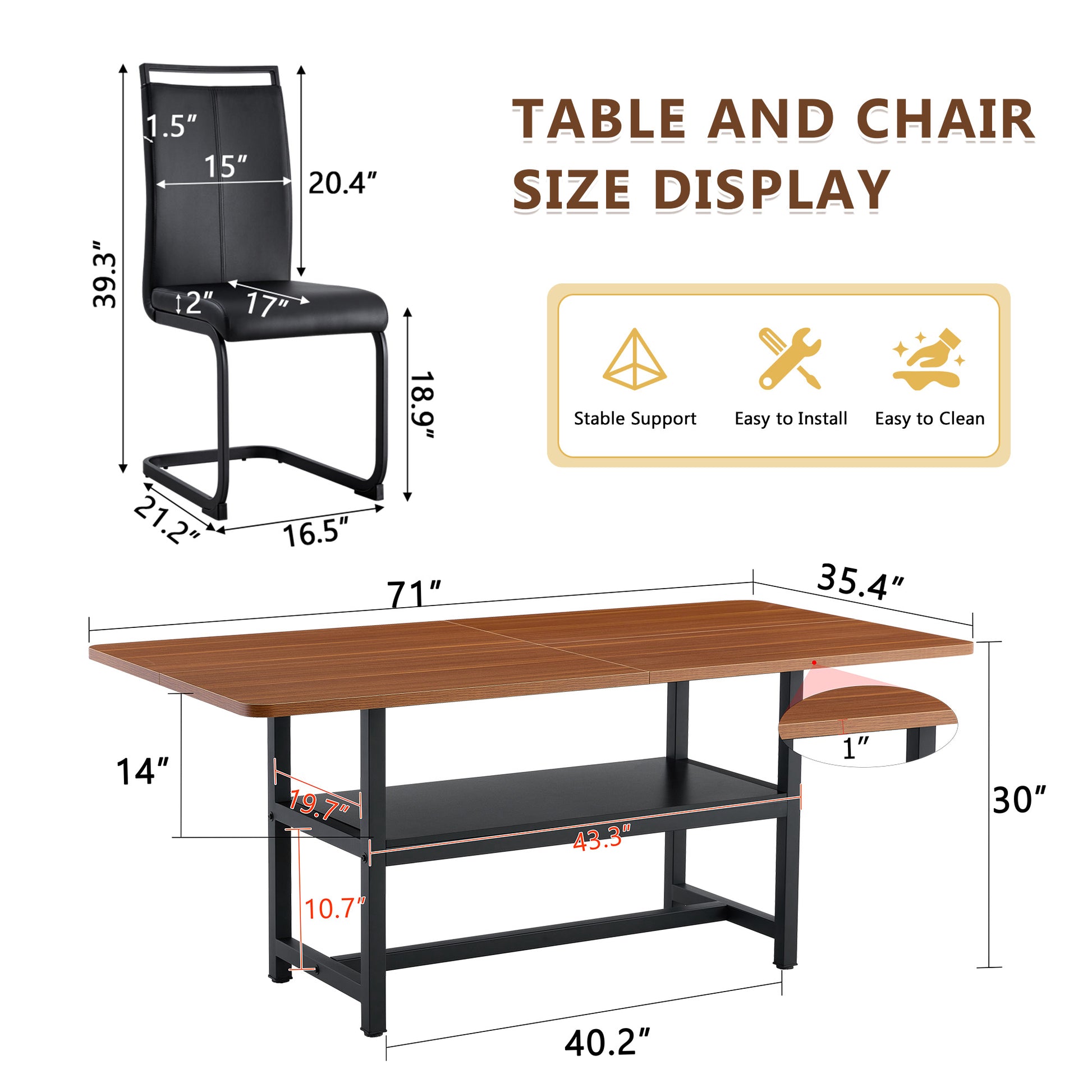 Table and chair set.71 inch long fashionable walnut grain dining table, a practical choice to add color to the home.Paired with 6 Black PU Chairs With C-tube Black Metal Chair Legs. image 4