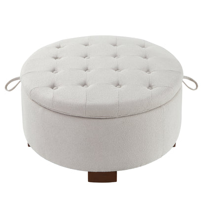 Round Storage Ottoman with Reversible Lid - Boucle Fabric Upholstered Footstool, Hidden Storage Compartment, Wooden Legs, Dual-Purpose Seat & Side Table for Living Room, Bedroom - BEIGE image 8