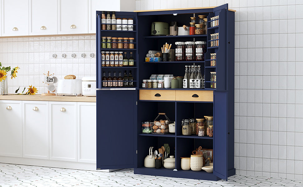 [Assembly Video Provided]TOPMAX 40.2x20x71.3inch High Freestanding Kitchen Pantry Large Cupboard Storage Cabinet with 2 Drawers, 2 Adjustable Shelves, 8 Door Shelves for Kitchen, Dining Room,Blue image 2