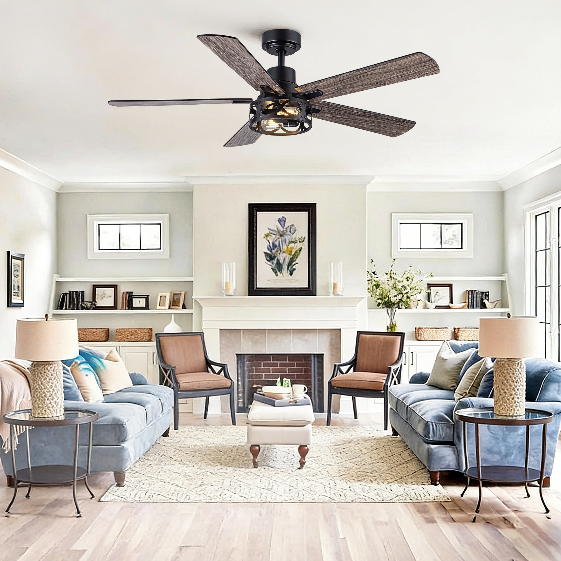 52" Modern Farmhouse Industrial Ceiling Fan with Light, Dual‑Sided Matte Black & Wood Grain Blades, Reversible DC Motor, 6‑Speed Timer Remote, Metal Cage, E12 Compatible, Bulbs Not Included image 6