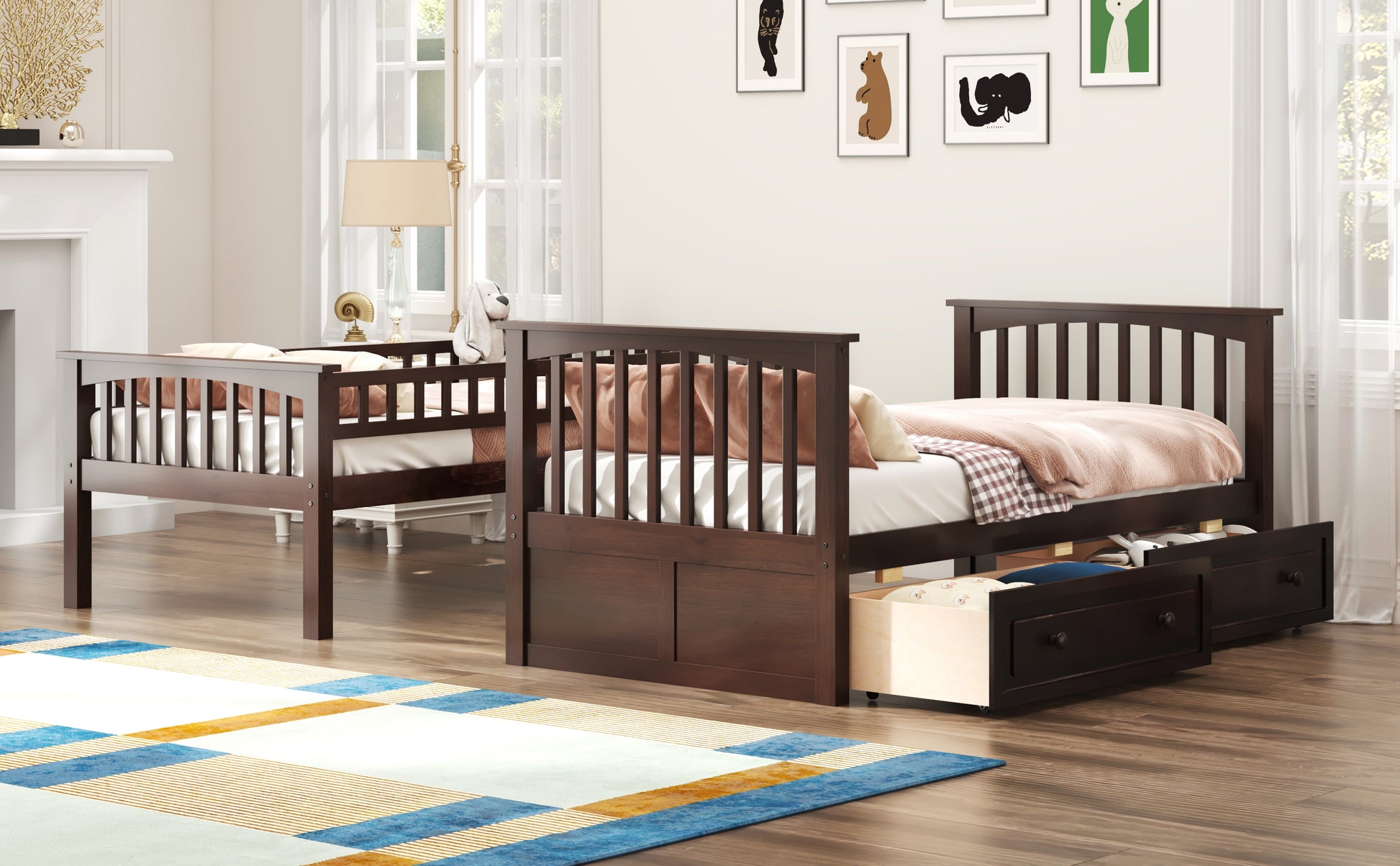 Twin over Twin Bunk Bed with Drawers, Convertible Beds, Espresso image 5