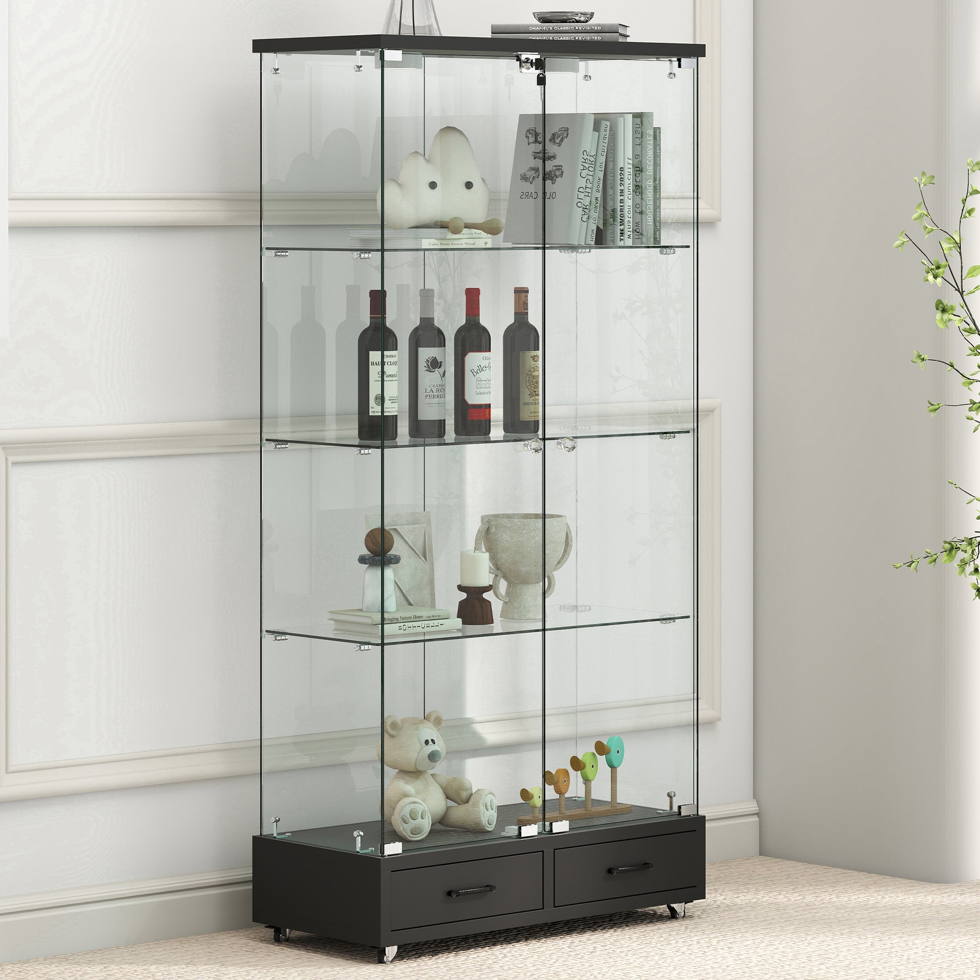 Modern Glass Display Cabinet with 2 Large Drawers, Quick-assembly Antique Cabinet with LED lights, Tempered Glass Bookshelf, 2-Door Storage Case with 4 Shelves for Living Room and Bedroom, black image 8