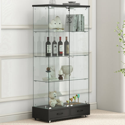 Modern Glass Display Cabinet with 2 Large Drawers, Quick-assembly Antique Cabinet with LED lights, Tempered Glass Bookshelf, 2-Door Storage Case with 4 Shelves for Living Room and Bedroom, black image 8
