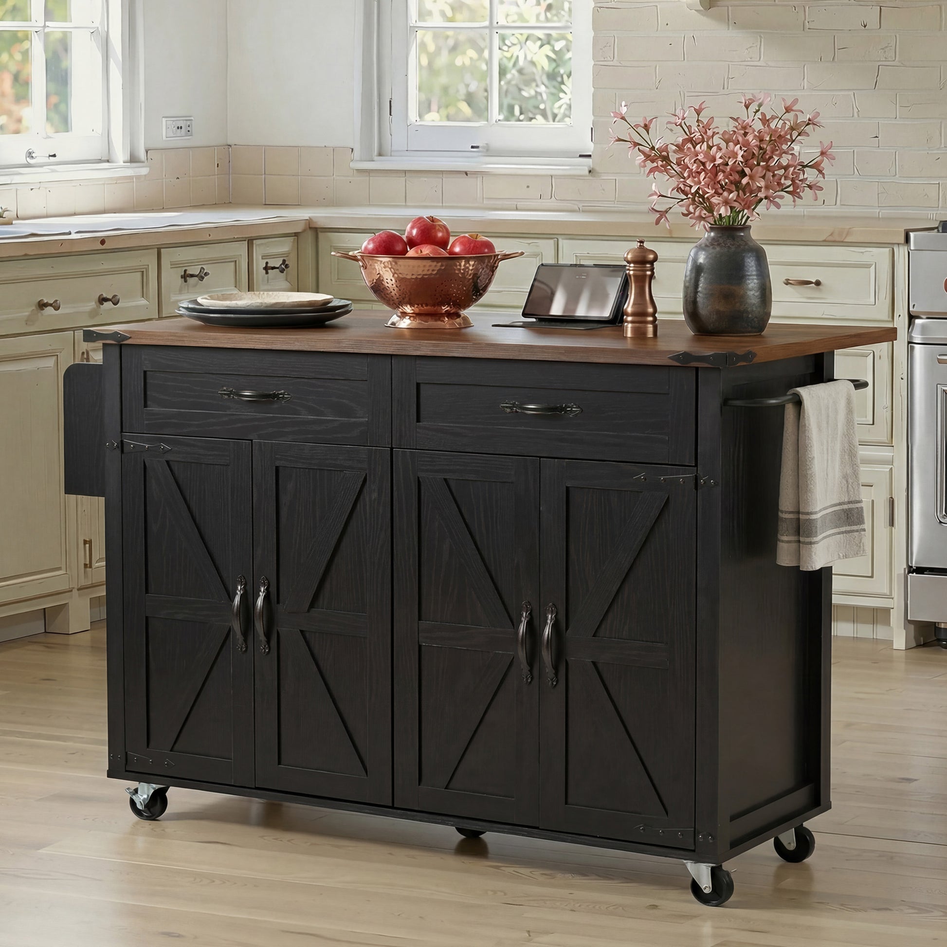 K&K 53.5''Farmhouse Kitchen Island with Power Outlet, Kitchen Storage Island with Drop Leaf, Spice Rack and Drawer, Rolling Kitchen Cart on Wheels, for Home, Kitchen and Dining Room, Black image 2