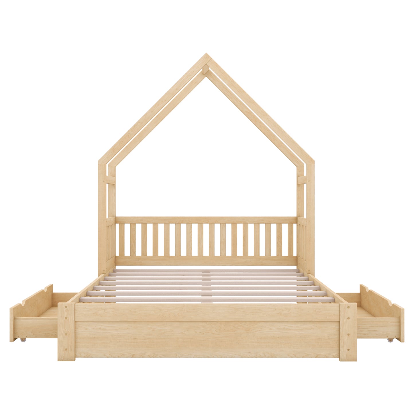 Wood Queen Size House Platform Bed with Guardrail and 2 Drawers, Natural image 11
