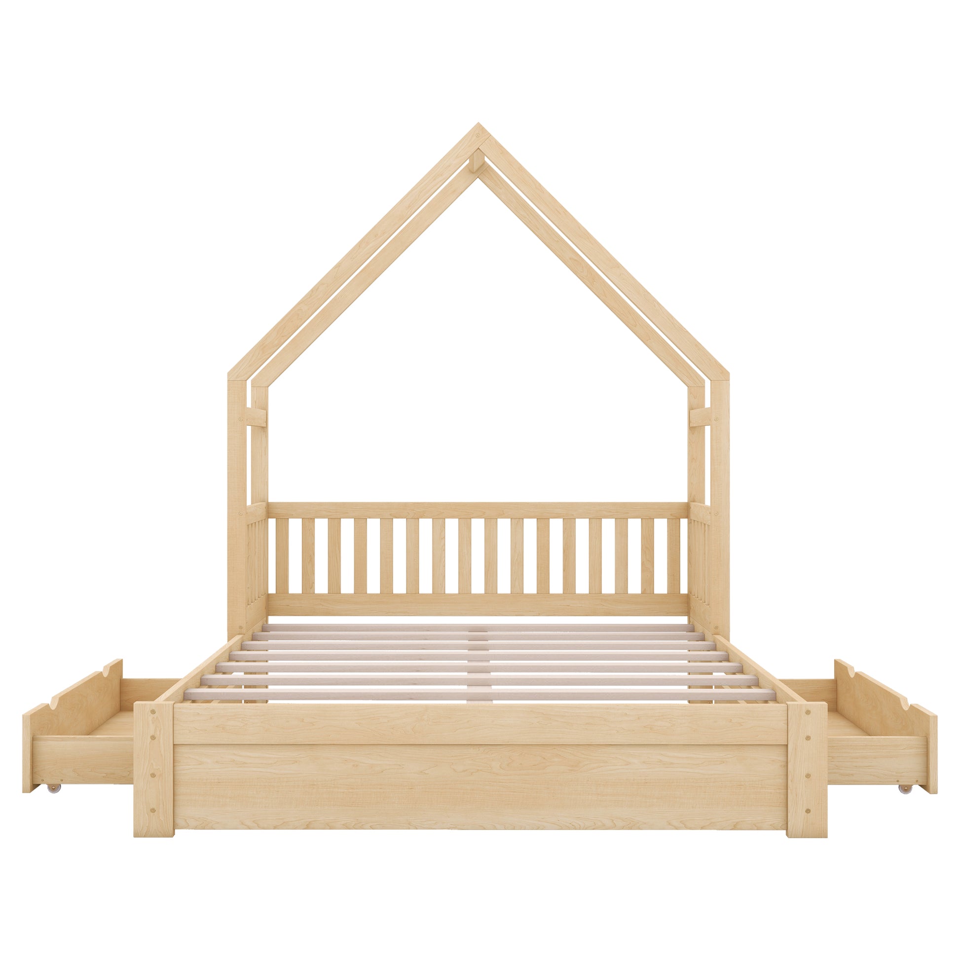 Wood Queen Size House Platform Bed with Guardrail and 2 Drawers, Natural image 11