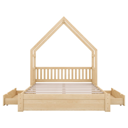 Wood Queen Size House Platform Bed with Guardrail and 2 Drawers, Natural image 11