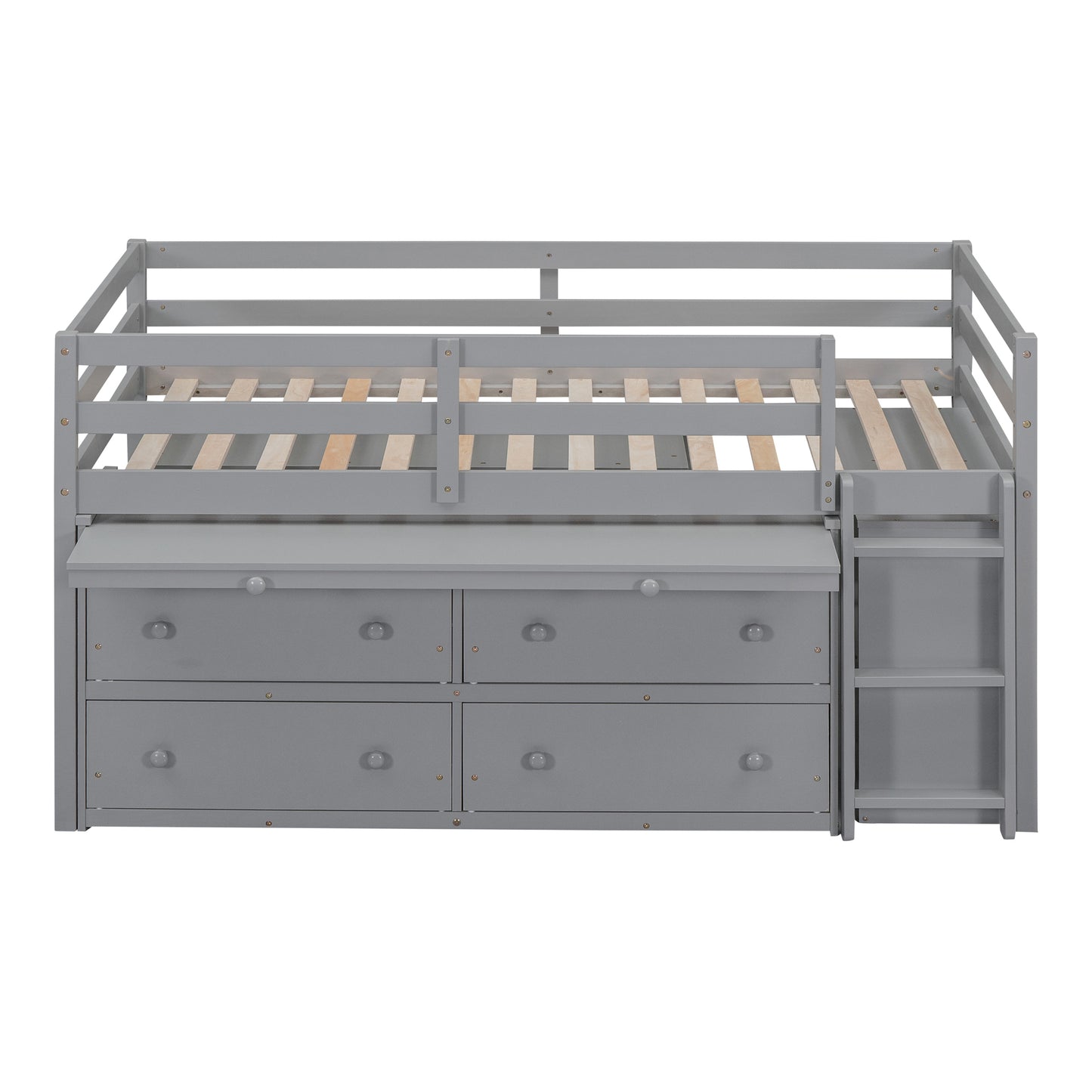 Twin Size Loft Bed with Retractable Writing Desk and 4 Drawers, Wooden Loft Bed with Lateral Portable Desk and Shelves, Gray image 10