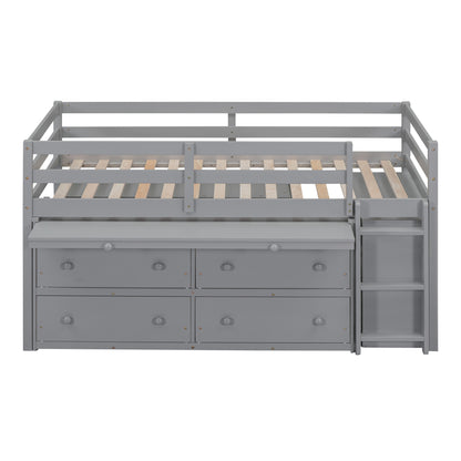 Twin Size Loft Bed with Retractable Writing Desk and 4 Drawers, Wooden Loft Bed with Lateral Portable Desk and Shelves, Gray image 10