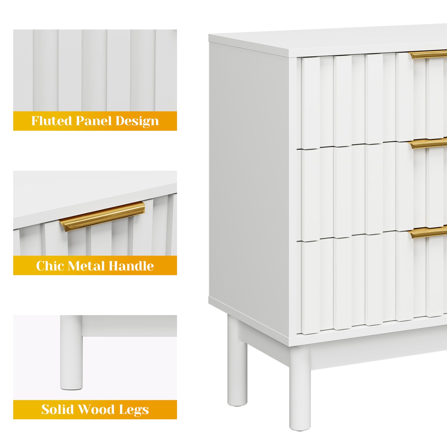 3 Drawer Dresser with Fluted Panel Design, Modern Wood Chest of Drawers with Chic Edge Pull, Large Nightstand Side Table, Wood Storage Organizer for Bedroom, Living Room, Entryway, White image 6