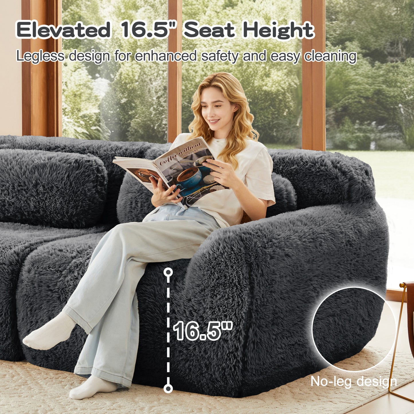 2-seater Modular Sectional Sofa Couches,Soft Fluffy Plush Fabric Bottom Anti-Slip Design,32D High Density Sponge,No Assembly Required Ergonomic Design,With Throw Pillows Fits Living Rooms,Dark Grey image 10