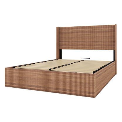 (Queen size) bed frame with a grooved and undulating lifting storage function, featuring a lifting storage feature, safe and beautiful / without noise, a wooden slat platform bed frame in a natural image 6