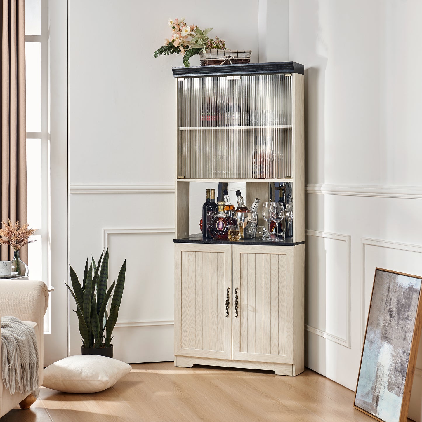 70.86"(180cm) Tall Free Standing Corner Storage Cabinet, 5 Tiers Wine Cabinet With Tempered Glass Doors, Mirrored Back, Adjustable Shelves For Living Room Kitchen, Modern Wood Display Cabinet image 1
