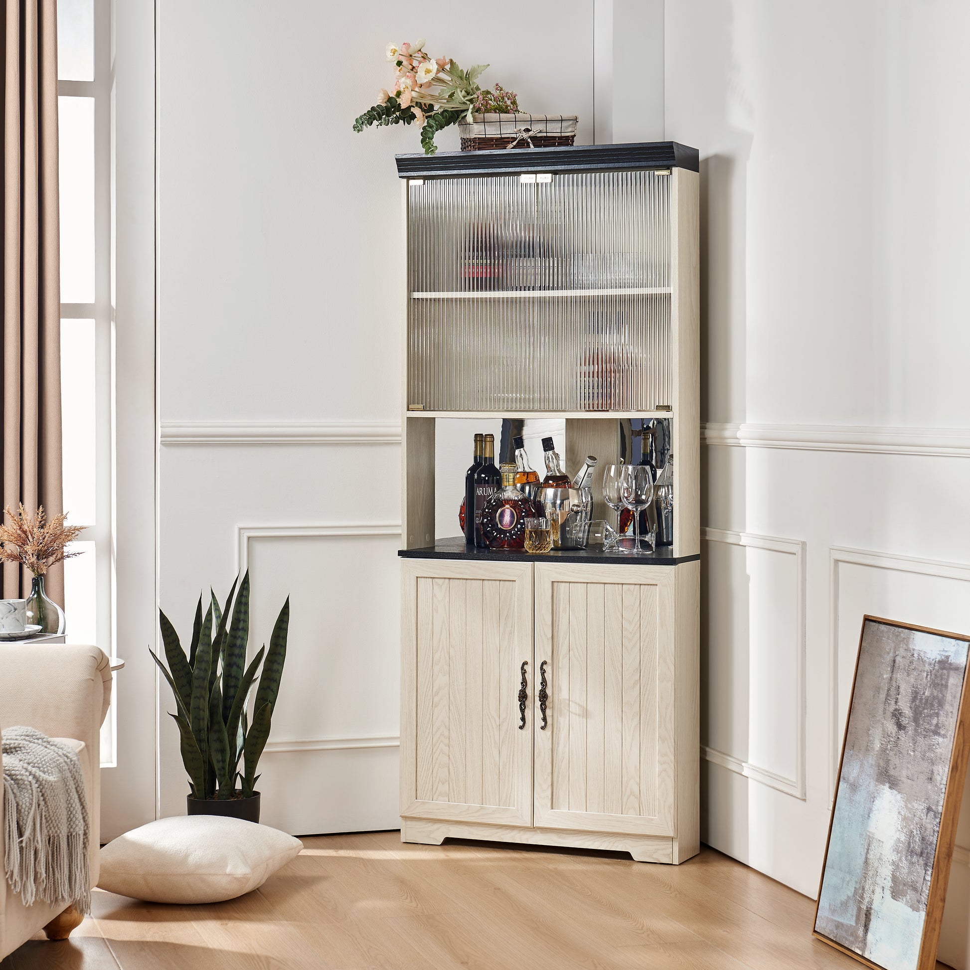 70.86"(180cm) Tall Free Standing Corner Storage Cabinet, 5 Tiers Wine Cabinet With Tempered Glass Doors, Mirrored Back, Adjustable Shelves For Living Room Kitchen, Modern Wood Display Cabinet image 1