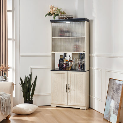 70.86"(180cm) Tall Free Standing Corner Storage Cabinet, 5 Tiers Wine Cabinet With Tempered Glass Doors, Mirrored Back, Adjustable Shelves For Living Room Kitchen, Modern Wood Display Cabinet image 1